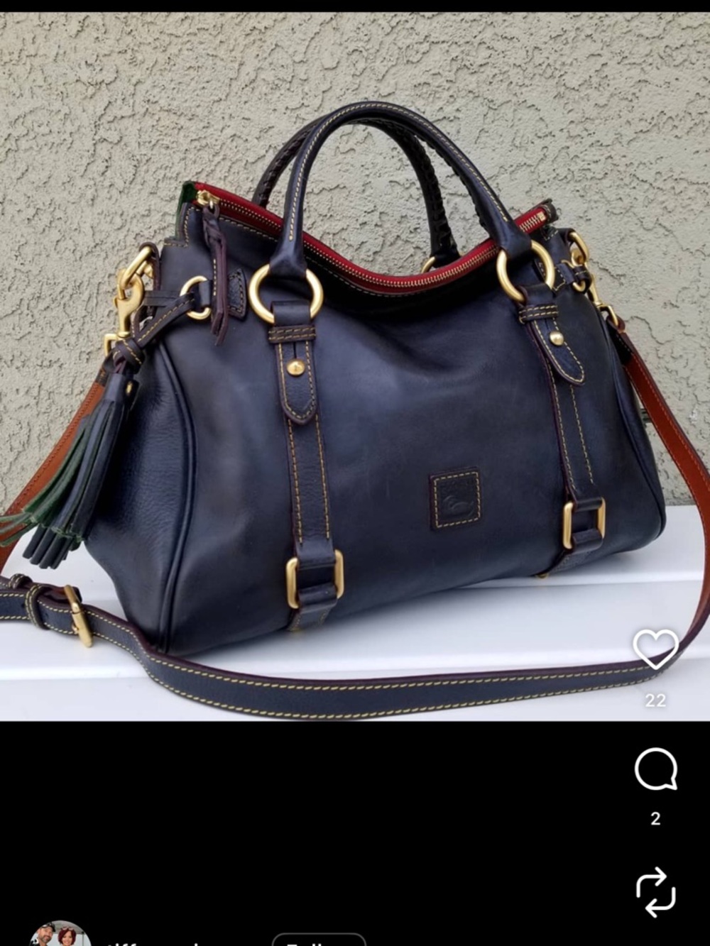 Dooney & Bourke Navy Blue Leather Satchel with Red Zip and Tan Trim
